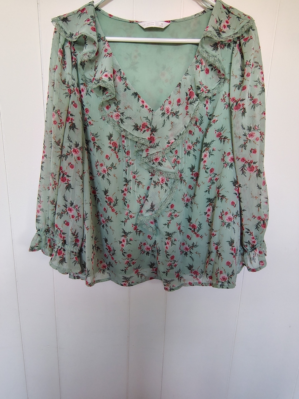 LC Lauren Conrad Mint Green Floral Ruffle V-Neck Blouse